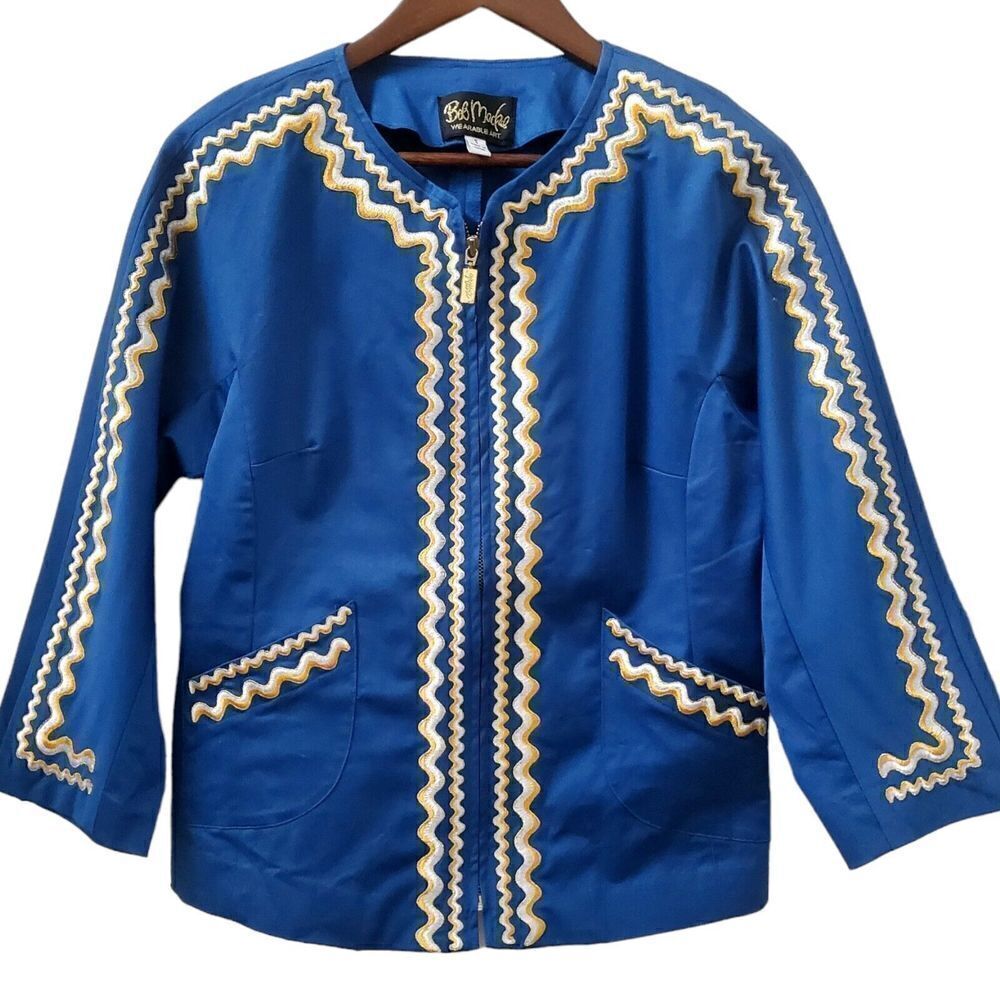 Bob Mackie Wearable Art Jacket Size S Blue Yellow Bold Pattern 3/4 Sleeve Womens